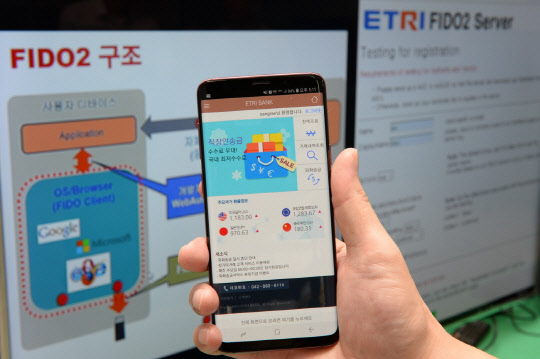 ETRI 연구자가 FIDO2 기술을 적용한 스마트폰을 통해 데모 사이트에서 로그인 및 계좌이체를 시연하는고 있다.  ETRI 제공